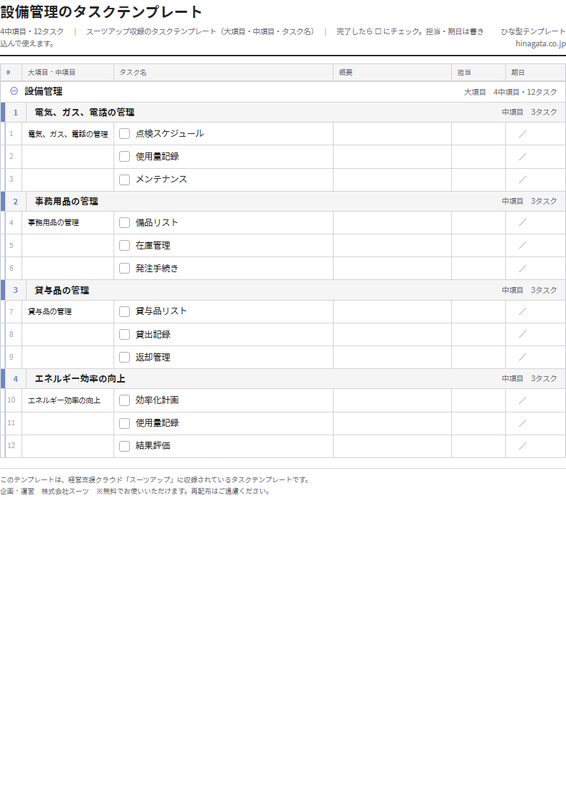 設備管理のテンプレート(印刷用チェックリストPDF・A4)の1ページ目
