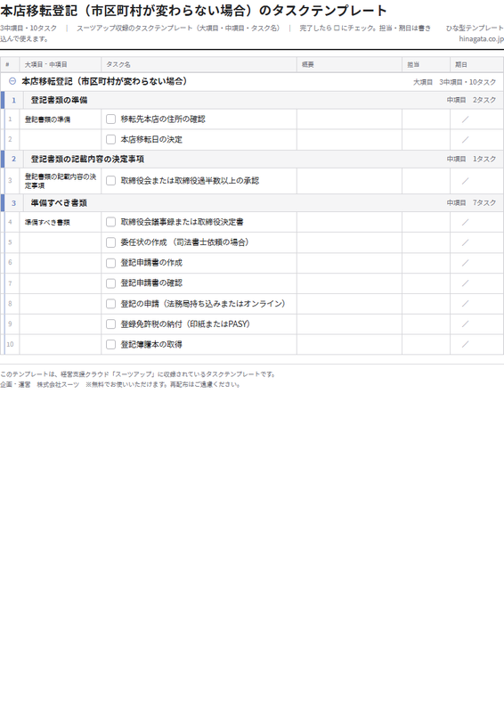 本店移転登記〈同一市区町村〉のテンプレート（印刷用チェックリストPDF・A4）の1ページ目