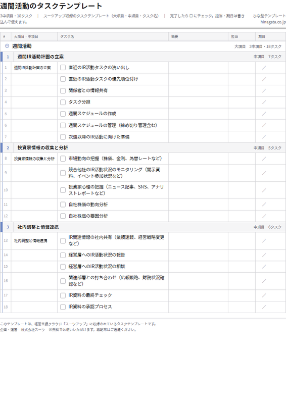 週間活動のテンプレート(印刷用チェックリストPDF・A4)の1ページ目