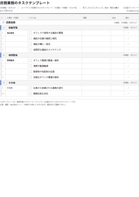 庶務業務のテンプレート（印刷用チェックリストPDF・A4）の1ページ目