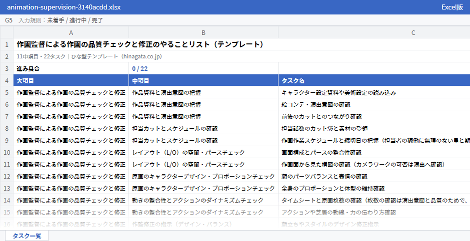 作画監督による作画の品質チェックと修正のテンプレート（Excel版）の先頭部分