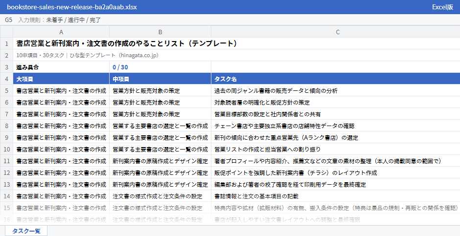 書店営業と新刊案内・注文書の作成のテンプレート(Excel版)の先頭部分