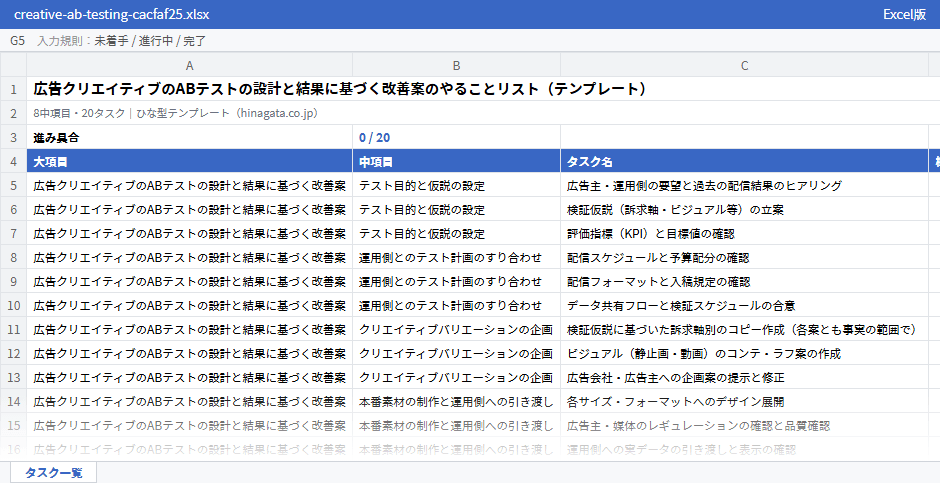 広告クリエイティブのABテストの設計と結果に基づく改善案のテンプレート（Excel版）の先頭部分