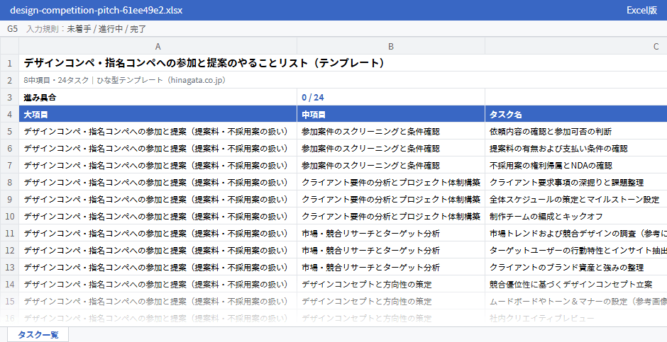 デザインコンペ・指名コンペへの参加と提案のテンプレート(Excel版)の先頭部分