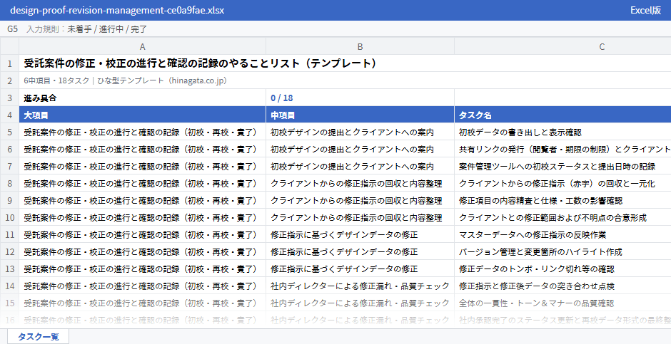 受託案件の修正・校正の進行と確認の記録のテンプレート（Excel版）の先頭部分