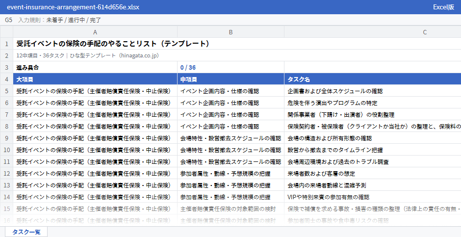 受託イベントの保険の手配のテンプレート（Excel版）の先頭部分