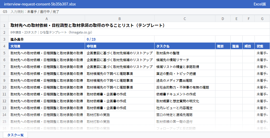 取材先への取材依頼・日程調整と取材承諾の取得のテンプレート（Excel版）の先頭部分