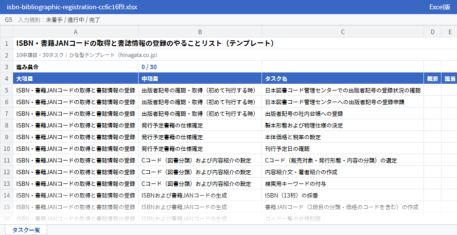 ISBN・書籍JANコードの取得と書誌情報の登録のテンプレート（Excel版）の先頭部分