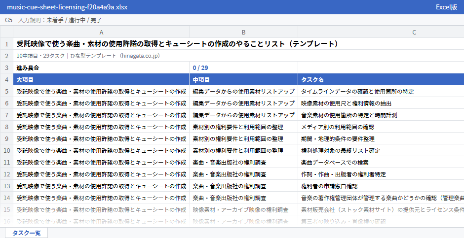 受託映像で使う楽曲・素材の使用許諾の取得とキューシートの作成のテンプレート（Excel版）の先頭部分