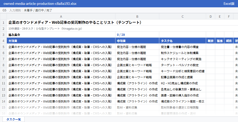 企業のオウンドメディア・Web記事の受託制作のテンプレート(Excel版)の先頭部分