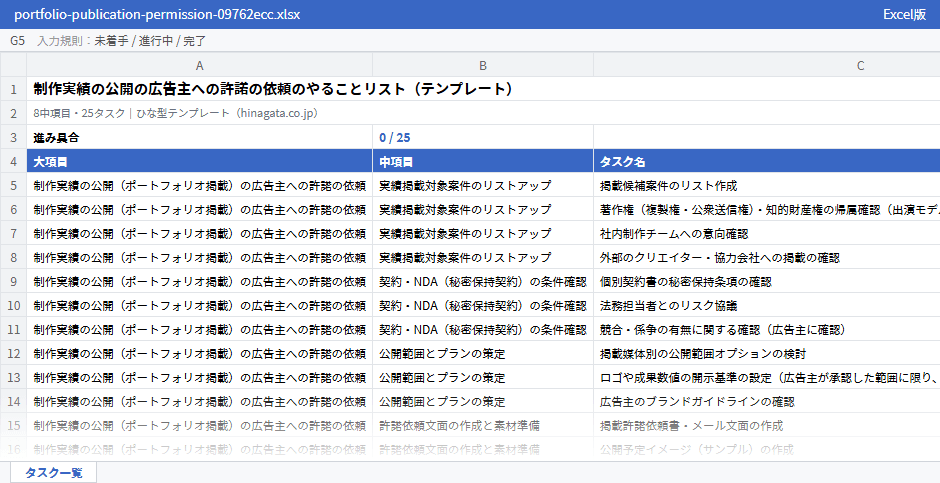 制作実績の公開の広告主への許諾の依頼のテンプレート（Excel版）の先頭部分
