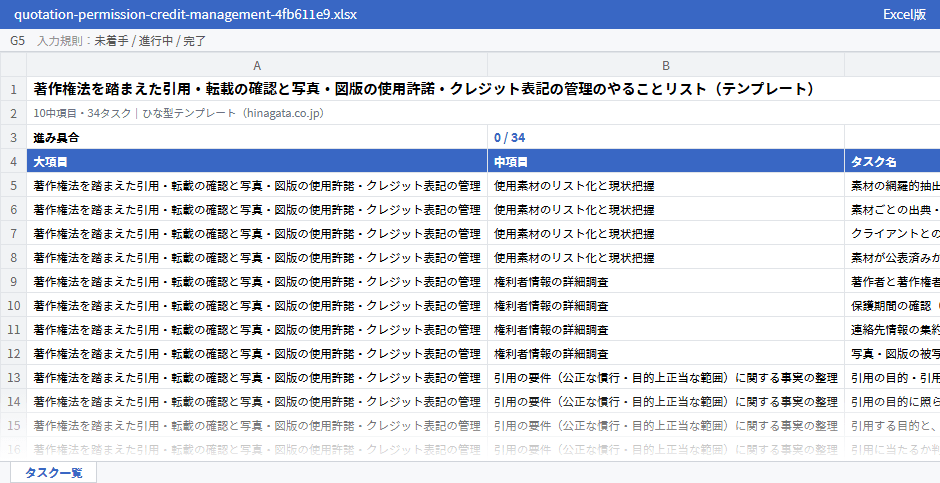 著作権法を踏まえた引用・転載の確認と写真・図版の使用許諾・クレジット表記の管理のテンプレート（Excel版）の先頭部分
