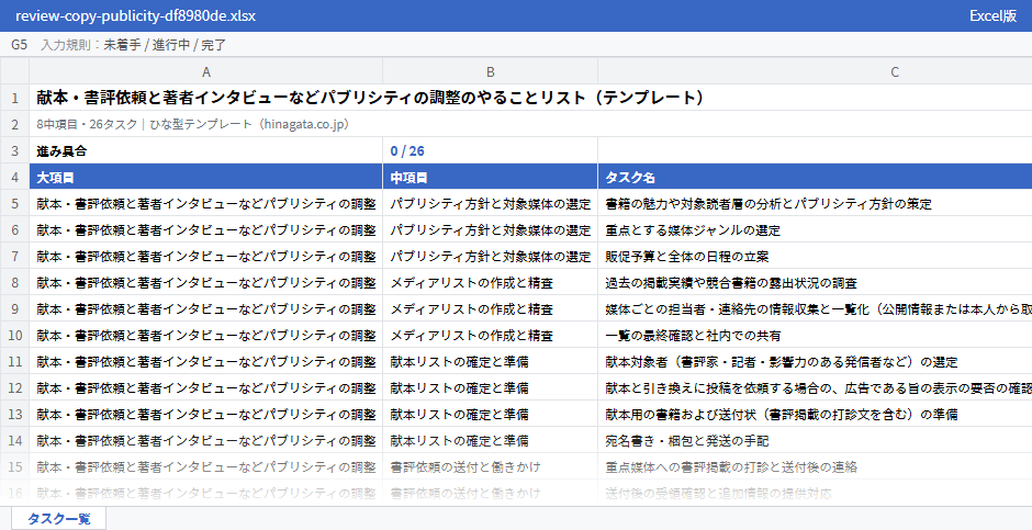 献本・書評依頼と著者インタビューなどパブリシティの調整のテンプレート（Excel版）の先頭部分