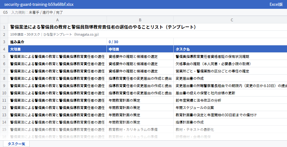 警備業法による警備員の教育と警備員指導教育責任者の選任のテンプレート（Excel版）の先頭部分