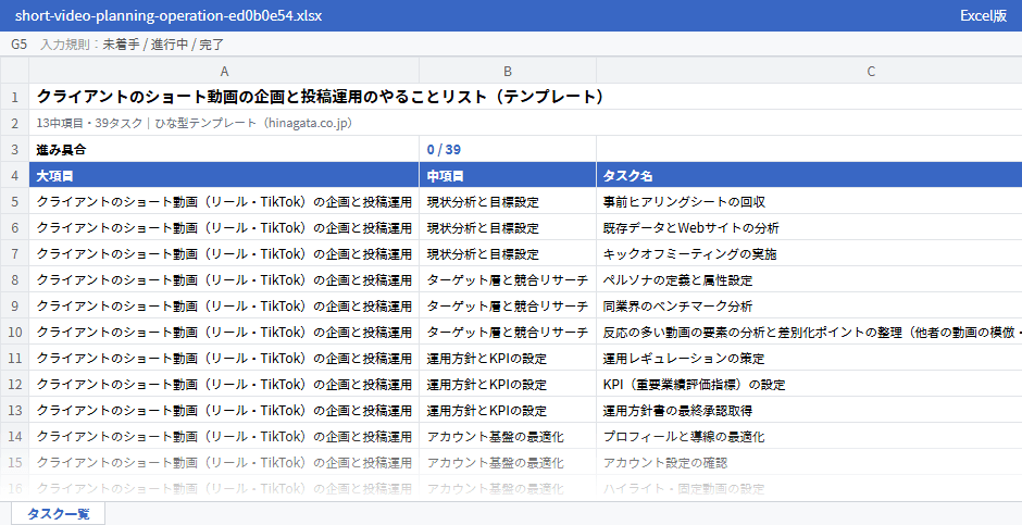クライアントのショート動画の企画と投稿運用のテンプレート（Excel版）の先頭部分