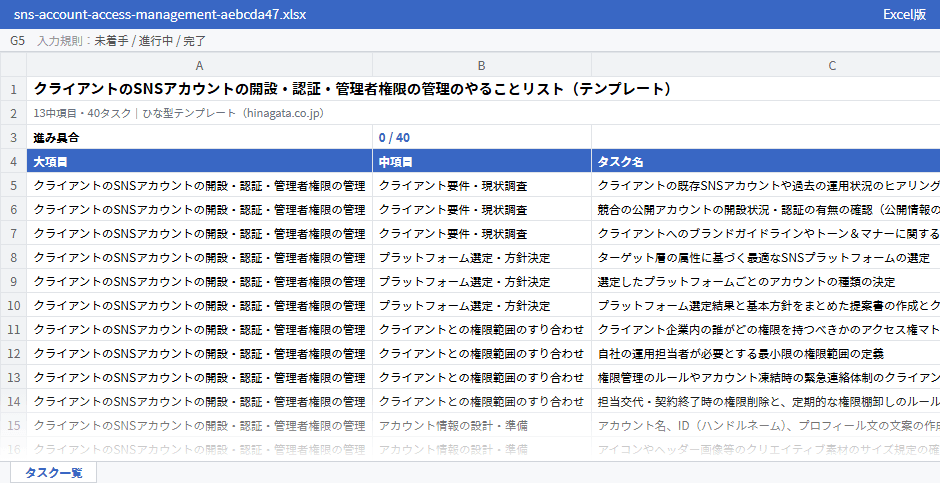クライアントのSNSアカウントの開設・認証・管理者権限の管理のテンプレート（Excel版）の先頭部分