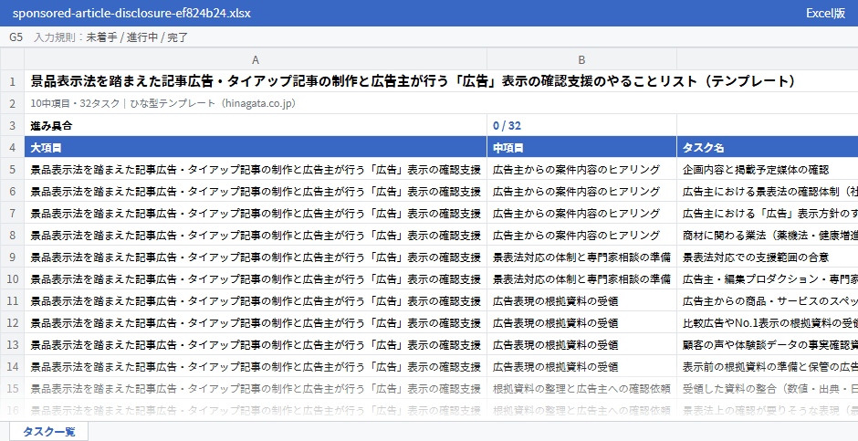 景品表示法を踏まえた記事広告・タイアップ記事の制作と広告主が行う「広告」表示の確認支援のテンプレート（Excel版）の先頭部分
