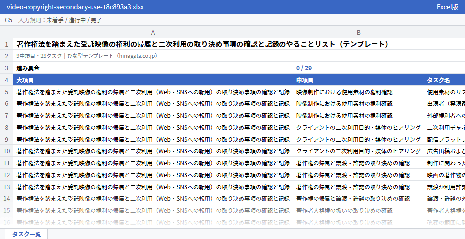 著作権法を踏まえた受託映像の権利の帰属と二次利用の取り決め事項の確認と記録のテンプレート（Excel版）の先頭部分